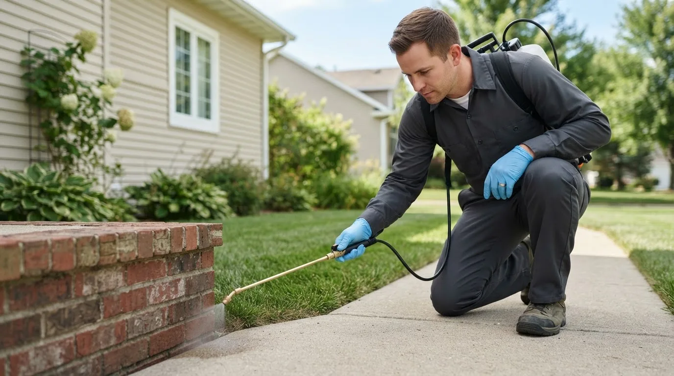 Pest control technician treating a home near Thornton, IA