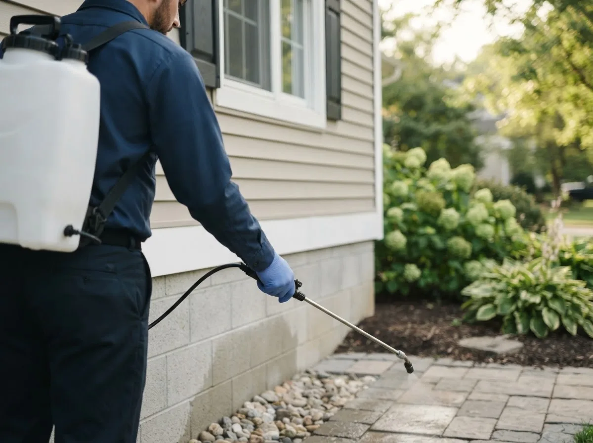 Pest control technician inspecting a home in Thornton, IA